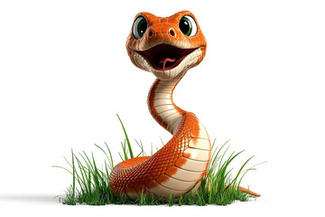 Fototapeta premium Colorful cartoon snake with expressive eyes and smiling face among green grass on a white background