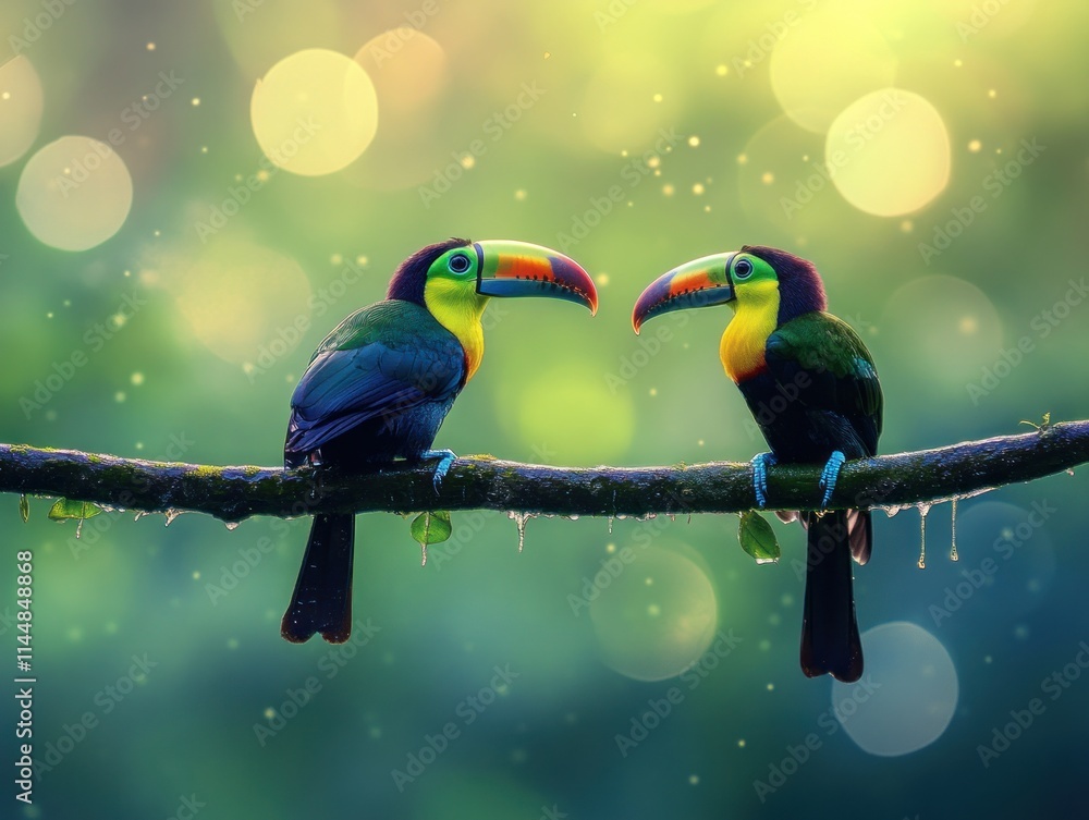 Poster two toucans perched on branch with bokeh background.