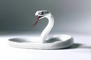 Fototapeta premium Elegant white snake with striking red tongue poised elegantly on a smooth surface showcasing unique reptilian features