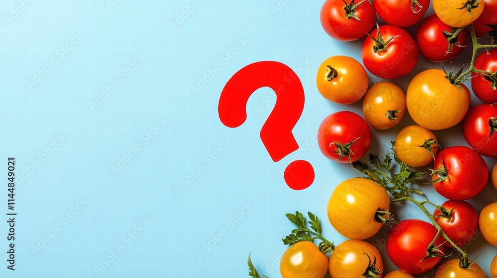 Poster a vivid assortment of red and yellow tomatoes arranged closely on a blue background with a red quest