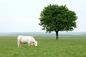 Obraz premium Young White Cow Grazing in Lush Green Pasture Under a Solitary Tree in Peaceful Rural Landscape