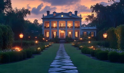 Naklejka premium Twilight Elegance, Majestic Southern Mansion Illuminated by Lanterns