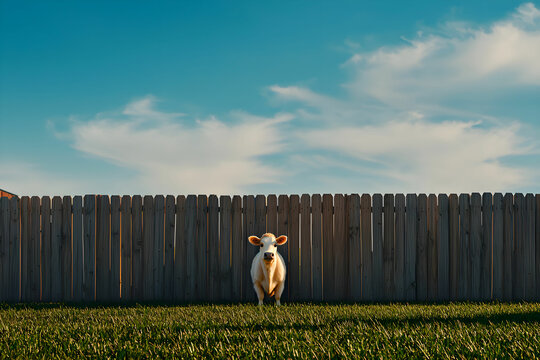 Adorable young cow standing in lush green grass in front of a wooden fence under a bright blue sky with fluffy clouds