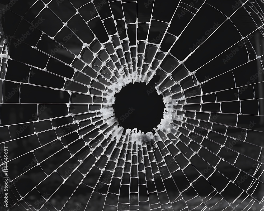 Poster abstract fractal background with circles, stark black-and-white image of a broken glass window with 