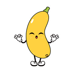 Yellow vegetable marrow doing yoga character. Vector hand drawn traditional cartoon vintage, retro, kawaii character illustration icon. Isolated on white background. Yellow vegetable marrow character