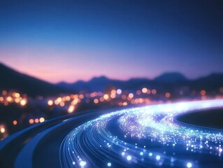 Glowing fiber optic cables illuminate bridges nightscape urban connection digital art vibrant landscape aerial view technology concept