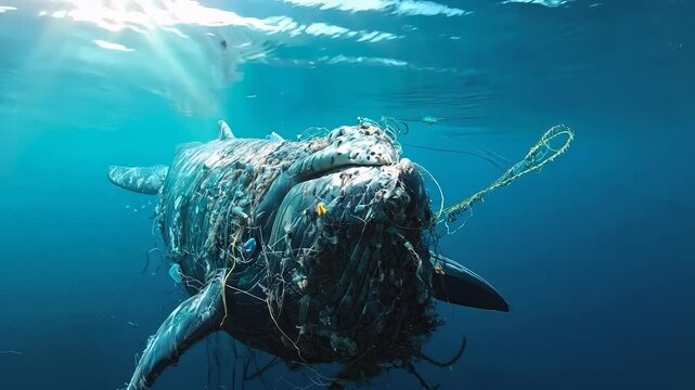 Underwater shot of a whale entangled in plastic waste and fishing nets, symbolizing the devastating impact of ocean pollution and the urgent need for environmental protection