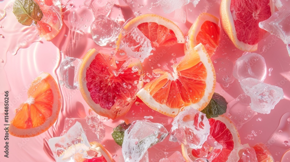 Poster refreshing grapefruit slices with ice cubes on a pink background