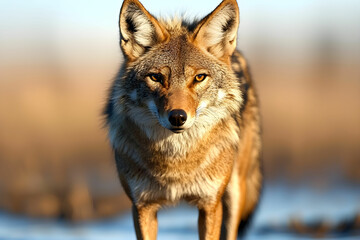 Obraz premium Detailed Close-Up of a Coyote in Natural Habitat with Soft Focus Background and Bright Lighting for Wildlife Photography