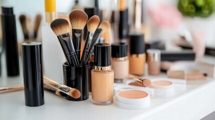 A selection of foundation bottles and makeup brushes arranged on a table, emphasizing skincare routine essentials and the artistry of makeup application.