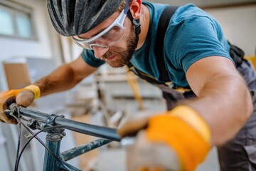 A diligent bike mechanic, wearing safety gear, carefully tightens bolts on a bike handlebar in a workshop, focused on precision and safety in his craft.