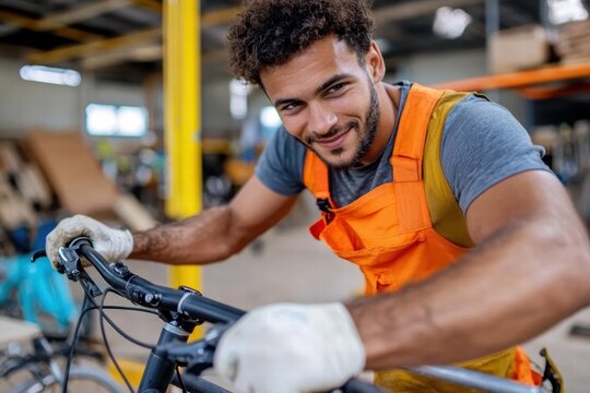 A man wearing an orange safety vest and gloves works on a bicycle in a spacious workshop filled with industrial equipment and tools, showcasing skilled craftsmanship.