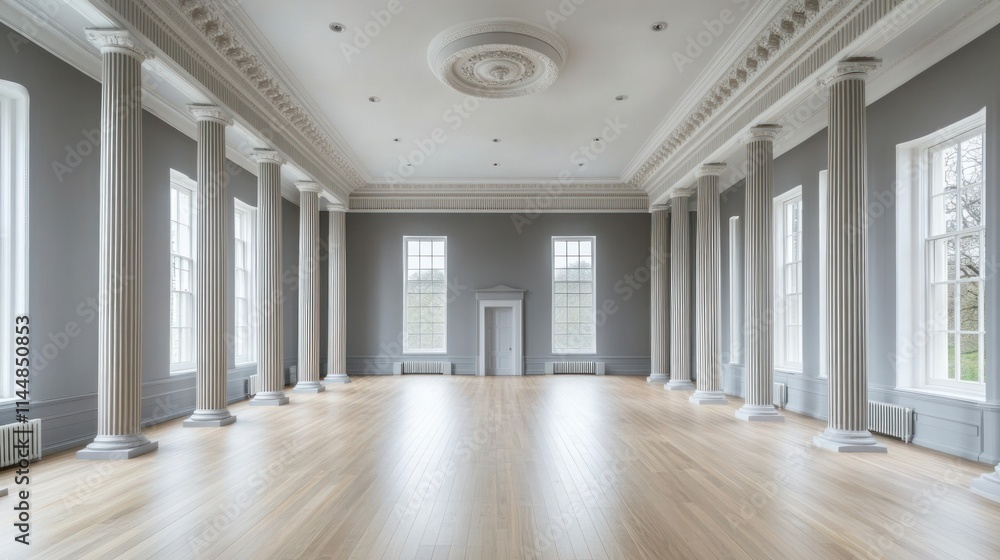 Poster empty room with gray walls and columns.