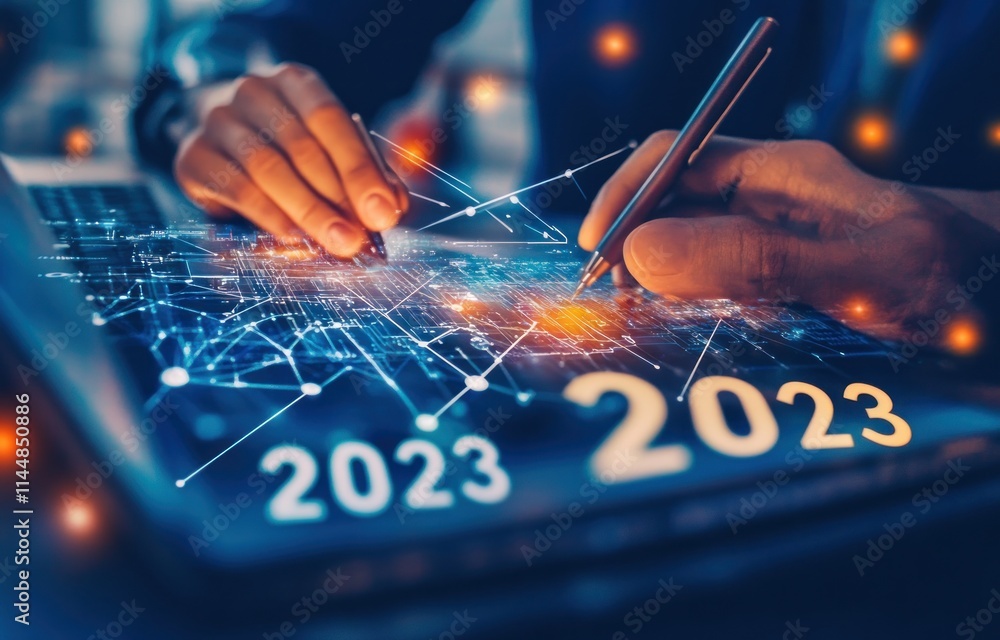 Aufkleber hands using pen on tech with 2023 numbers.