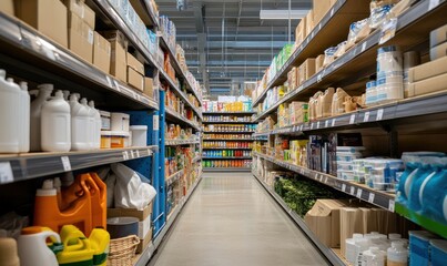 Supermarket aisle with shelves stocked with groceries.