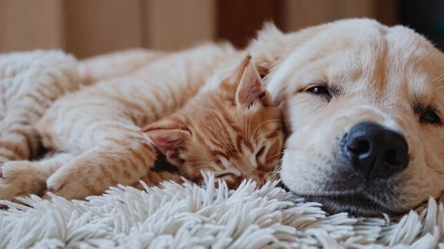 Adorable dog and cat cuddling together on soft blanket in a cozy setting