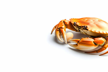 Detailed close-up of a vibrant brown crab with large claws and a shell on a white background