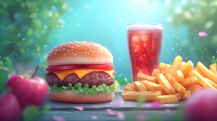 A fresh burger fries and soda served on a modern table with a casual dining feel