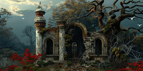 Ruins of Ornate Structure Overgrown with Vegetation and Tree