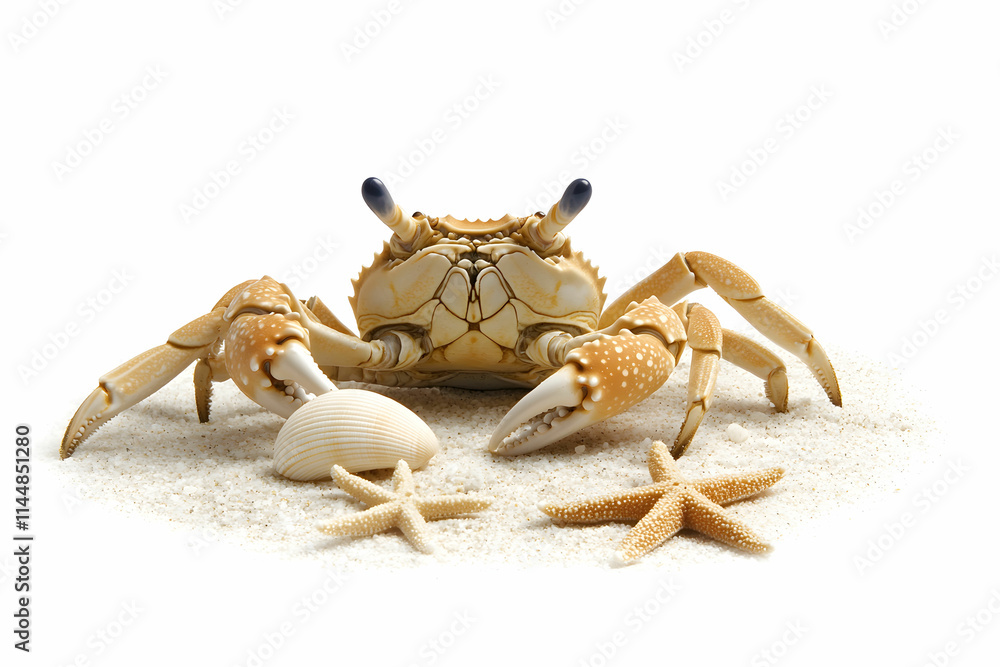 Aufkleber close-up of a brown crab resting on sand with shells and starfish in a studio setup for marine life 