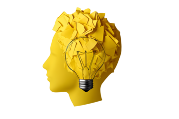 Concept creative idea and innovation. Paper scrap ball yellow colour and light bulb in head human symbol
