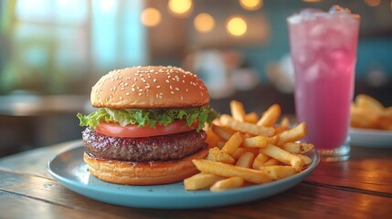 A tempting fast food meal featuring burgers fries and a cold drink on a stylish table