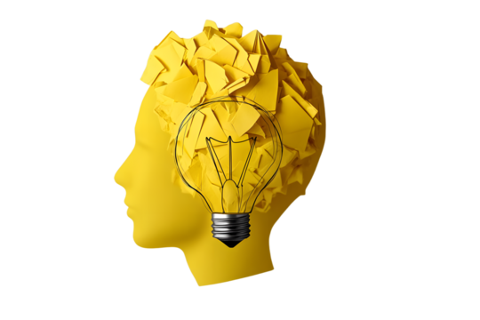 Concept creative idea and innovation. Paper scrap ball yellow colour and light bulb in head human symbol