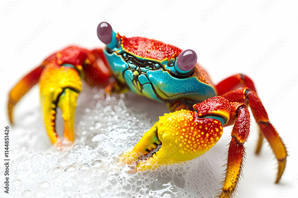 Poster vibrant colorful crab with unique features on a white background surrounded by bubbles
