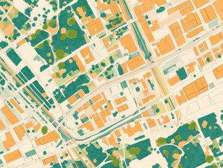 Fototapeta premium A detailed urban map, using colors and symbols to represent roads, buildings, parks, and train tracks Labeled but hard to read
