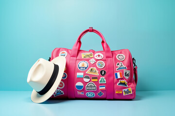 A vibrant pink duffel bag adorned with various travel patches sits beside a classic Panama hat against a light blue background.