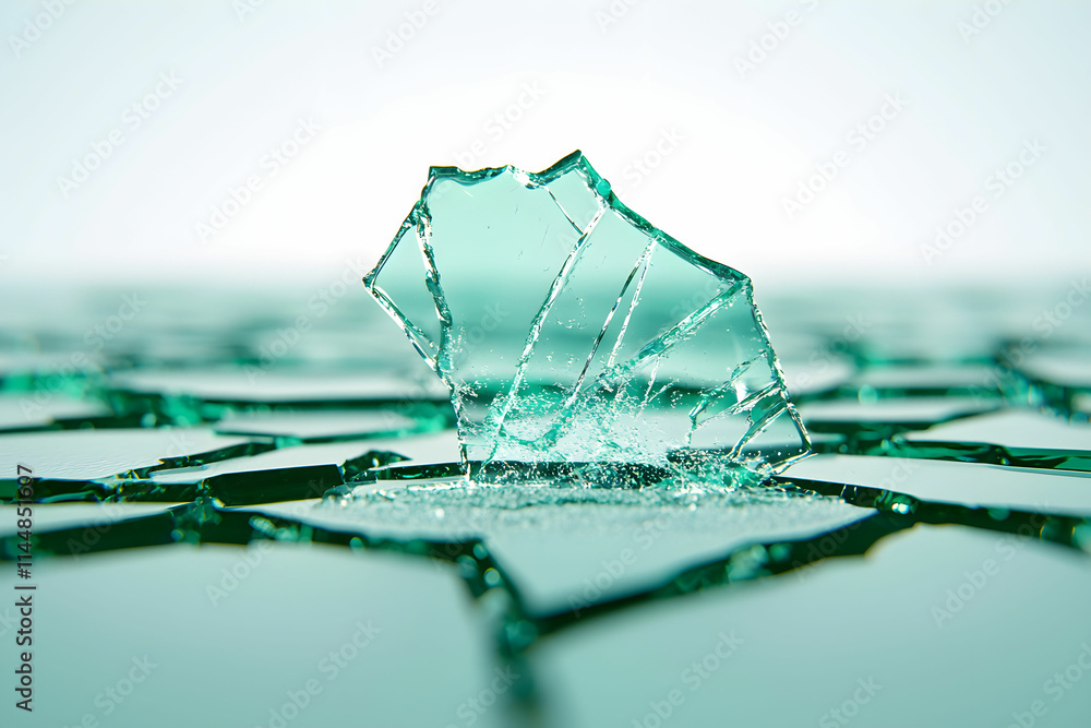 Poster shattered glass pieces scattered on a reflective surface with light background creating a striking a
