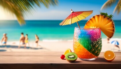 A colorful glass with tropical fruits and an umbrella placed on a wooden table, with a blurred beach in the background.