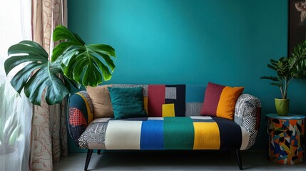 Colorful patchwork sofa with pillows and plants against turquoise wall.