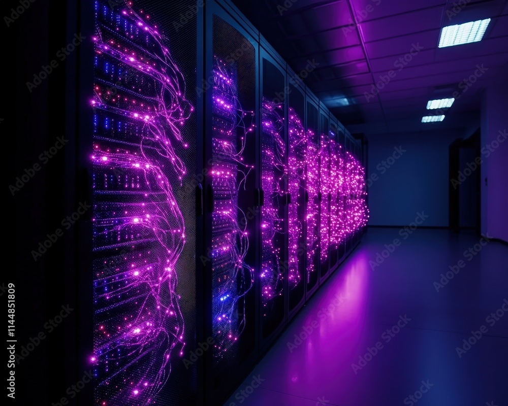 Poster dynamic server room with glowing technology data center photography high-tech environment perspectiv