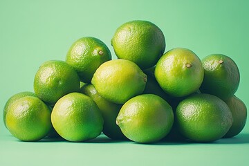 Fresh limes stacked aesthetically vibrant green background food photography minimalist style close-up healthy lifestyle inspiration