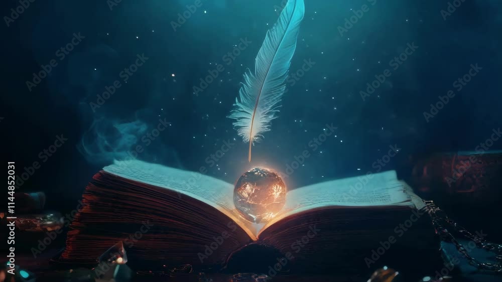 Poster an open book emits a mystical glow, with a feather poised above a glowing orb. perfect for fantasy a