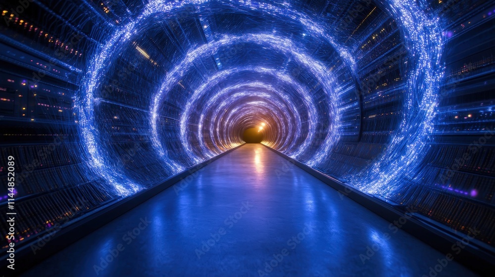 Poster dynamic fiber optic tunnel experience data center digital art high-tech environment futuristic viewp