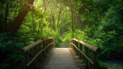 Obraz premium Wooden bridge over a river in the park in the summer.