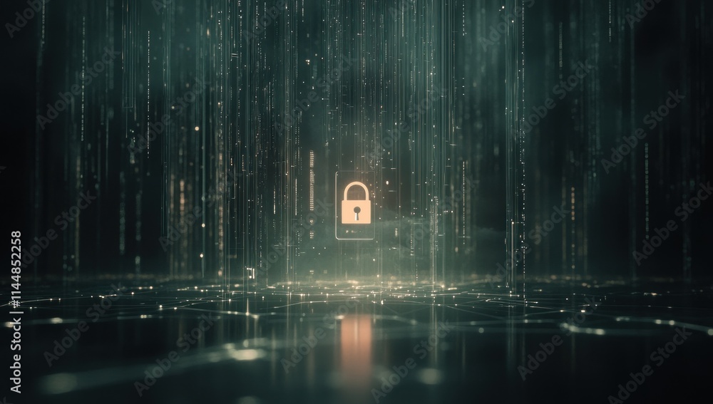 Aufkleber digital security padlock with raining code and network.