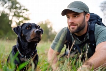 A man along with his dog, relaxing in a peaceful grassy outdoor meadow, highlighting companionship and natural harmony in a serene environment.