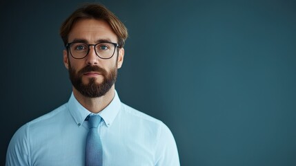 Confident Businessman with Eyeglasses Against a Dark Blue Background, Representing Professionalism and Modern Style in an Office Environment
