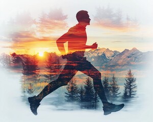 Creative Health Horizonblending the silhouette of a runner with sweeping landscapes, a natural sunset horizon, and transparent nature motifs in a double exposure style for an energizing health concept