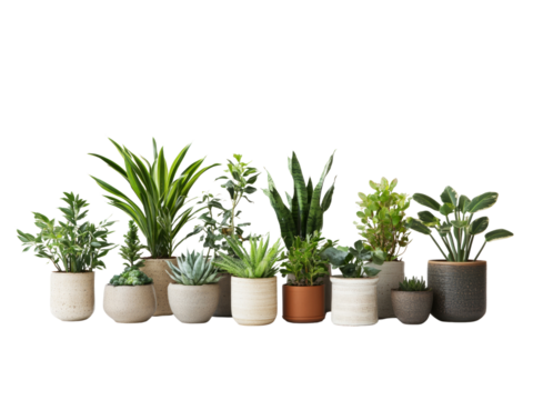 Collection of various houseplants displayed in ceramic pots isolated on transparent background.