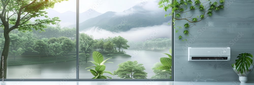 Aufkleber Wall mounted air conditioner beside an open window offering views of lush trees and a serene river in the background. Generative AI