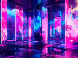 A brightly lit, futuristic room with pink and blue walls, reflective columns, and a contrasting dark ceiling The image suggests it might be from a video game, sci-fi movie concept art, or an artisti