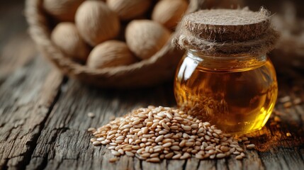 Sesame oil in glass jar with seeds.