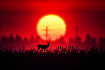Fototapeta premium Silhouette of a deer in a golden sunset with vibrant red sky, foreground of tall grass and distant trees