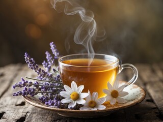 Embracing tranquility with lavender and chamomile tea on a rustic wooden table