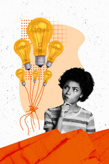 Vertical photo collage of minded american girl think decision light bulb idea power air balloon...