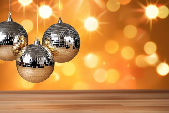 Suspended silver disco balls brilliantly reflect the festive lights around them. The background bokeh effect enhances the scene's lively and decorative ambience.